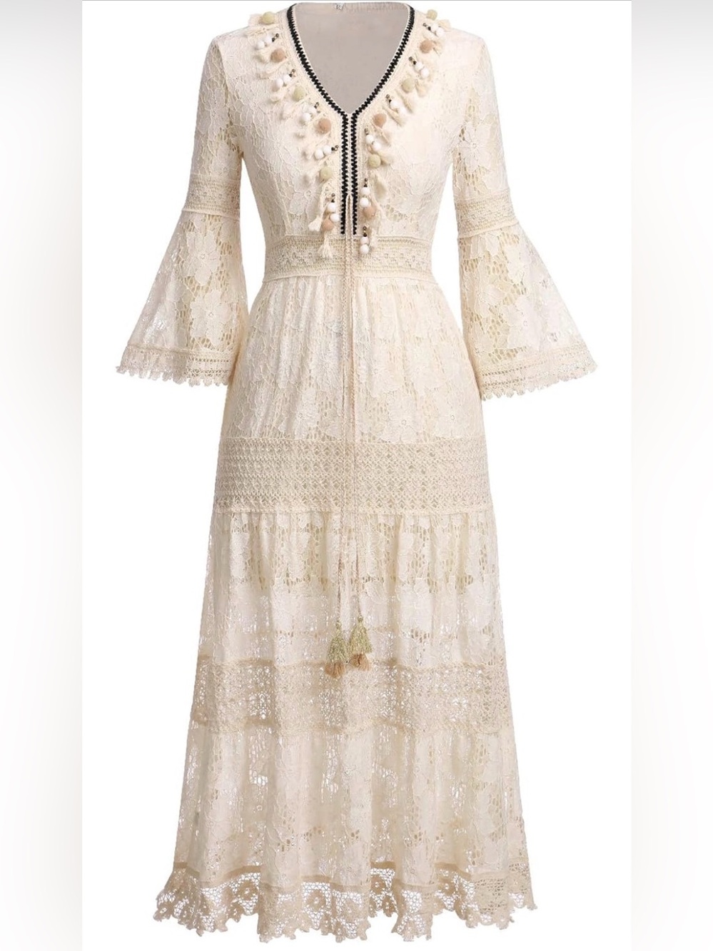 Boho Cream Lace Maxi Dress with Bell Sleeves